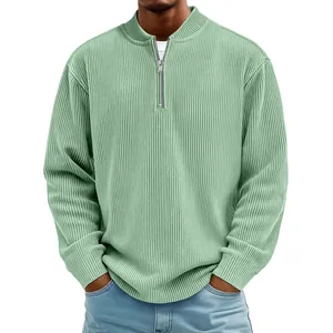 Men's mint green ribbed quarter-zip pullover with long sleeve casual knit texture