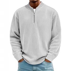 Men's light grey ribbed long sleeve polo shirt with half-zip stand collar design.