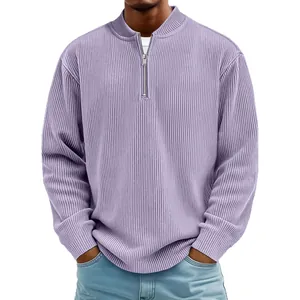 Men's stylish lavender quarter-zip ribbed corduroy long sleeve polo shirt for autumn wear