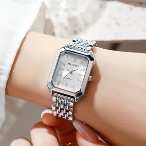 Detailed view of a silver rectangular women's quartz watch with a sleek link bracelet