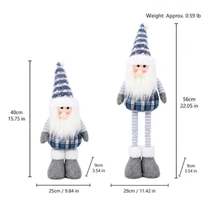 Detail view showing dimensions of telescopic blue and white Christmas gnome plush