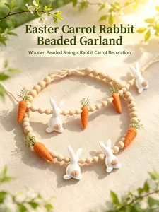 Close-up of Easter garland featuring wooden beads, plush bunnies, and knitted carrots.