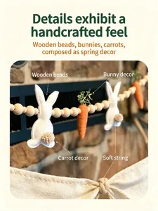 Detailed view of handmade Easter garland with wooden beads, felt bunnies, and carrots