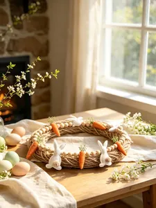 Rustic Easter wreath with wooden beads, felt bunnies, and carrots on a sunlit table