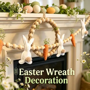 Easter Bunny Carrot Wood Bead Garland Felt Rabbit Farmhouse Wall Hanging Mantel Decor Spring Festive Ornament