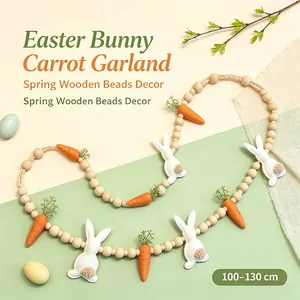 Handmade Easter Bunny and carrot garland with natural wooden beads for spring decor