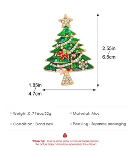 Vue détaillée de la broche sapin de Noël en strass avec dimensions et poids.