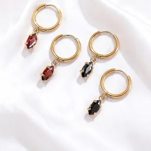 Minimalist 316 Stainless Steel Rectangular Zircon Hoop Earrings 18K Gold Plated Emerald Cut Gemstone Drop Earrings Women