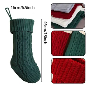 Large green cable knit Christmas stocking with hanging loop, 18 inch length