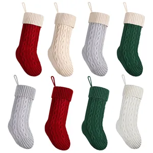 Set of 8 chunky cable knit Christmas stockings in festive red, green, grey and white