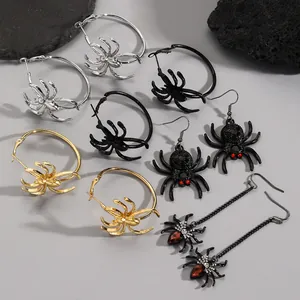 Various styles of gothic spider earrings for Halloween including hoops and dangles