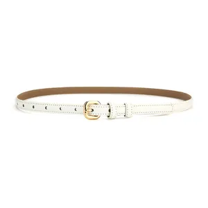 Elegant slim white genuine cowhide leather belt for women featuring a gold buckle