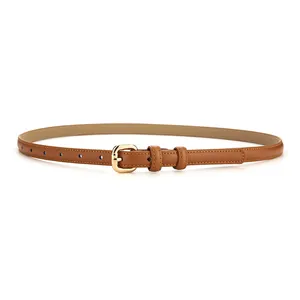 Elegant slim brown genuine leather belt for women featuring a polished gold buckle