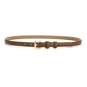 Elegant thin brown genuine leather belt for women featuring a polished gold buckle