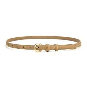 Slim beige genuine leather belt for women with elegant square gold-tone buckle