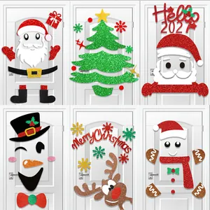 Pegatinas de Decoración de Puerta DIY de Navidad Dibujos Papá Noel Muñeco de Nieve Reno Árbol Tela No Tejida Hogar