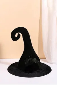 Detail of black velvet witch hat with a unique curled top for Halloween party