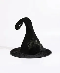 Macro detail of a high-quality black velvet Halloween witch hat featuring dark feathers for party