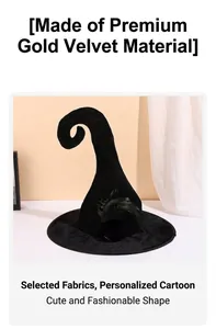 Close-up detail of a black gold velvet witch hat with curved top and feathers for party
