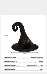 Detailed product info of black velvet curved witch hat with 40x42cm size specs.