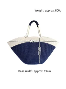 Detailed dimensions of large cotton rope woven tote bag with two-tone navy and cream