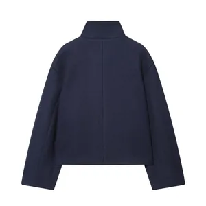 Detailed back view of a stylish navy blue stand-collar wool-like jacket for women