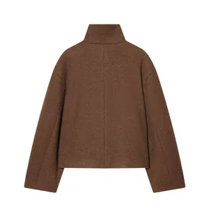 Back view of a premium brown stand-up collar wool-blend short jacket for women