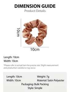 Product dimensions and material specifications for this champagne satin hair scrunchie.