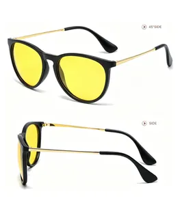 Close-up side view of retro cat-eye sunglasses featuring vibrant yellow lenses