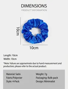 Detailed dimension info for this 10cm blue satin scrunchie hair tie with fabric texture