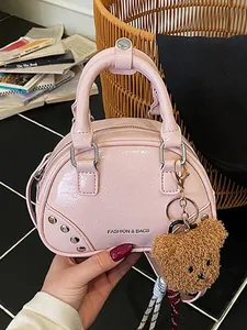 Women High Quality Fashion PU Bowling Bag Rivet Exquisite Niche Handbag With Bear Pendant Versatile Crossbody Shoulder Bag