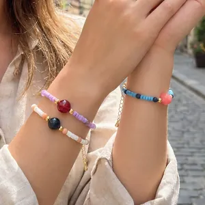 Handmade Bohemian Beaded Bracelet Colorful Semi Precious Stone Heishi Beads Gold Plated Copper Adjustable Bracelet For Women
