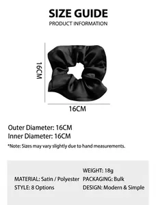 Detailed view showing the 16cm diameter of this black vintage satin hair scrunchie