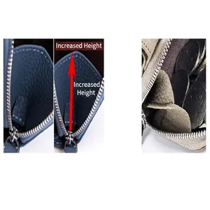 Detailvergleich des verbesserten Münzfachdesigns in der Leder-Dreifach-Brieftasche.