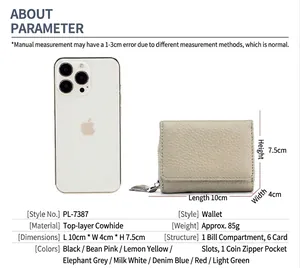 Größenvergleich und technische Daten dieser Damen-Lederbörse mit einem Smartphone-Modell.