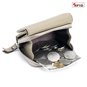 Kompakte beige RFID-Echtleder-Damenbrieftasche mit großem Reißverschluss-Münzfach