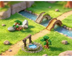 Vista dettagliata di ornamenti da giardino in miniatura in resina con ponti e alberi