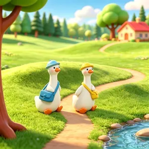 Vue détaillée de deux adorables figurines de canards miniatures avec chapeaux et sacs