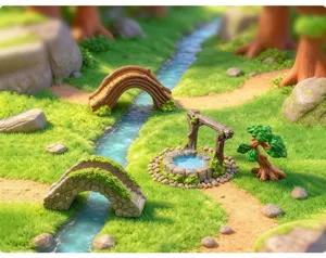 Scena dettagliata di giardino in miniatura con ponti in pietra, pozzo e pini in resina.