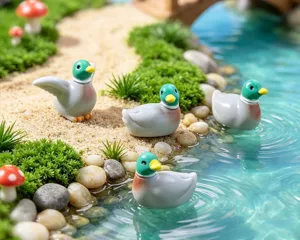 Detalle de cuatro figuras de patos ánade real en un paisaje de jardín
