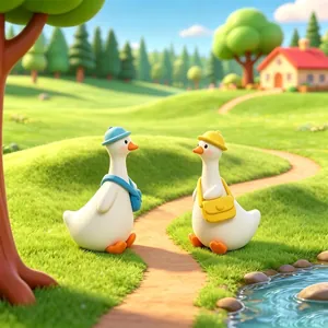 Deux adorables canards miniatures avec des sacs et chapeaux colorés dans un jardin.