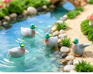 Figuras de patos en miniatura en una escena de jardín de micro paisaje muy realista