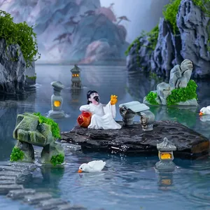 Miniature garden resin poet figurine set with stone lantern landscape diy ornaments