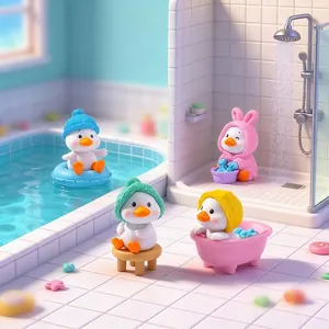 Set of 4 cute miniature yellow duck figurines in a bathroom scene for DIY desk decor
