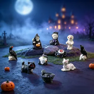 Set of cute Halloween miniature figurines with mummy, crow, and pumpkin designs.