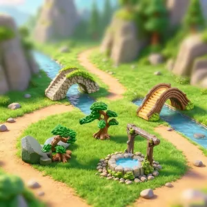 Kit de paysage miniature en résine avec pont, puits et pins pour décoration de jardin
