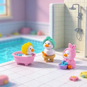 Miniature cute yellow duck figurines in a bathroom DIY scene for desk decoration