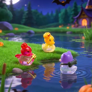 Set of three miniature Halloween themed resin duck figurines featuring pumpkin and devil motifs