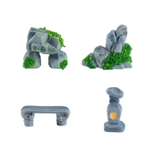 4-piece miniature landscape garden set with faux moss rocks, stone bench, and lantern