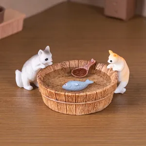 Figurine in miniatura di gatto e bacinella per pesci per decorazione fai da te